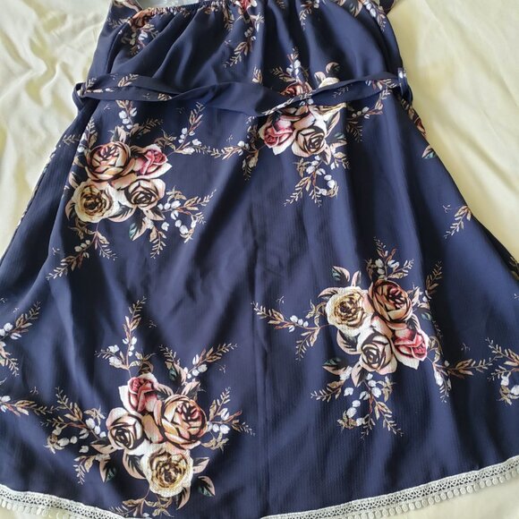 Italia Moda Floral A-Line Sleeveless Belted Lace Trim Mini Dress - Picture 8 of 9